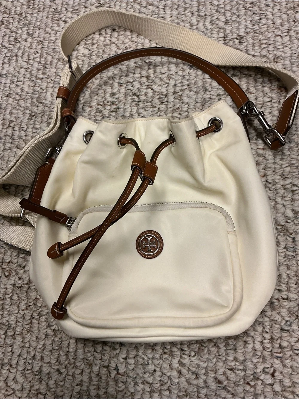 Tory Burch Cream Drawstring Bucket Bag with Brown Trim